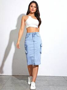 SHEIN EZwear Flap Pocket Split Back Denim Skirt - Light Wash - View 5