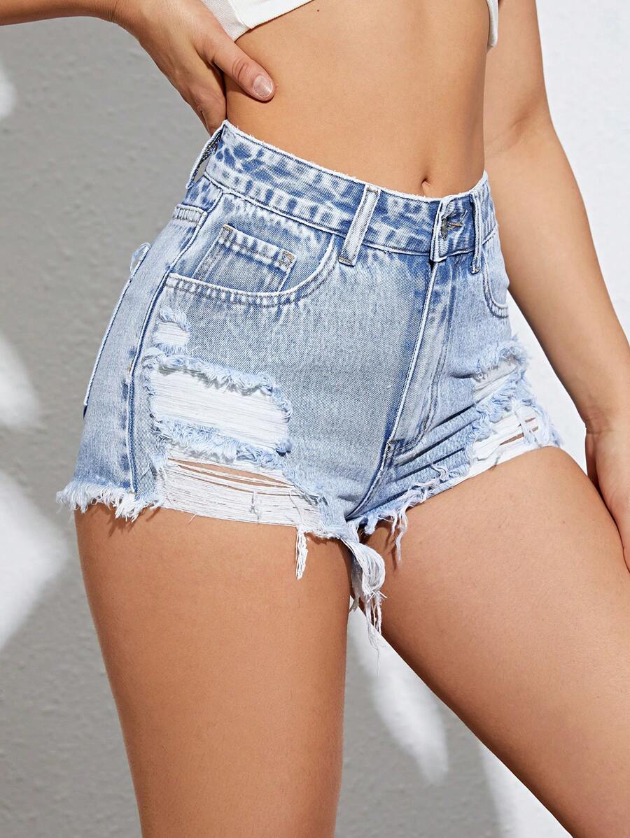SHEIN EZwear Ripped Raw Hem Denim Shorts - Light Wash - View 1