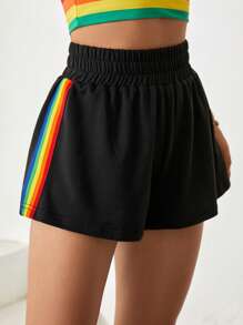 SHEIN EZwear LGBT Rainbow Striped Print Shorts - Black - View 6