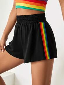 SHEIN EZwear LGBT Rainbow Striped Print Shorts - Black - View 3