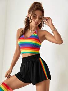 SHEIN EZwear LGBT Rainbow Striped Print Shorts - Black - View 7