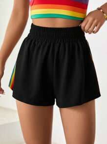 SHEIN EZwear LGBT Rainbow Striped Print Shorts - Black - View 1