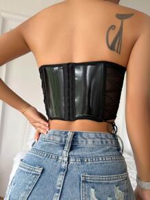 側邊綁帶抹胸PU皮革文胸 - 黑色 - 查看 3