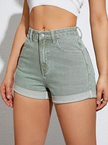 SHEIN EZwear 卷邊牛仔短褲 - 薄荷綠 - 查看 5