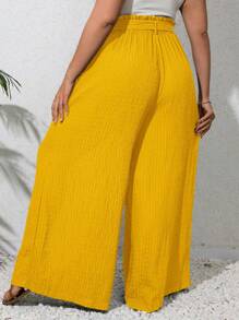 SHEIN VCAY 大碼紙袋腰腰帶闊腿褲 - 黃色 - 查看 2