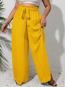 SHEIN VCAY 大碼紙袋腰腰帶闊腿褲 - 黃色 - 查看 3