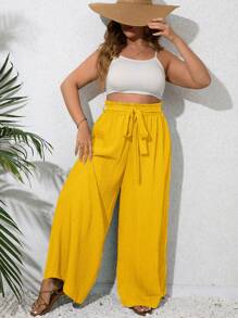 SHEIN VCAY 大碼紙袋腰腰帶闊腿褲 - 黃色 - 查看 5