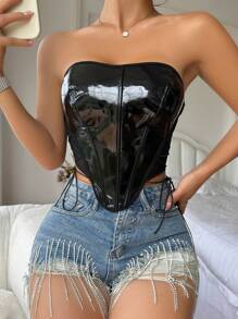 側邊綁帶抹胸PU皮革文胸 - 黑色 - 查看 4