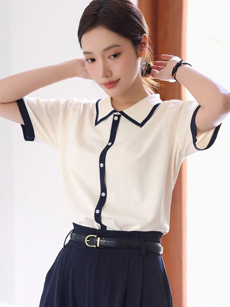 DAZY 撞色滾邊前紐扣針織上衣 - 杏色 - 查看 1