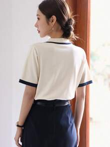 DAZY 撞色滾邊前紐扣針織上衣 - 杏色 - 查看 2