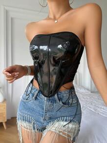 側邊綁帶抹胸PU皮革文胸 - 黑色 - 查看 5