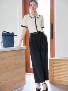 DAZY 撞色滾邊前紐扣針織上衣 - 杏色 - 查看 4