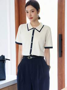 DAZY 撞色滾邊前紐扣針織上衣 - 杏色 - 查看 6