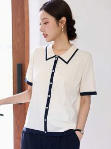 DAZY 撞色滾邊前紐扣針織上衣 - 杏色 - 查看 7