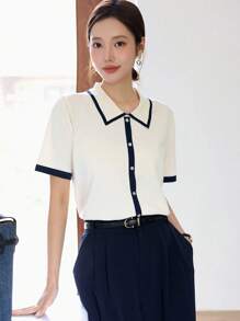 DAZY 撞色滾邊前紐扣針織上衣 - 杏色 - 查看 8