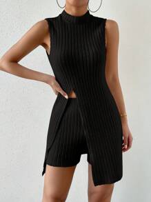 SHEIN Privé 小高領下擺開叉背心上衣和短褲 - 黑色 - 查看 1