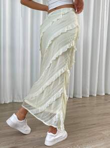 SHEIN EZwear Solid Ruffle Trim Zip Side Skirt - Beige - View 2