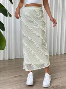 SHEIN EZwear Solid Ruffle Trim Zip Side Skirt - Beige - View 3