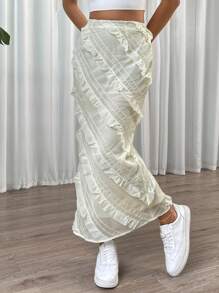 SHEIN EZwear Solid Ruffle Trim Zip Side Skirt - Beige - View 1