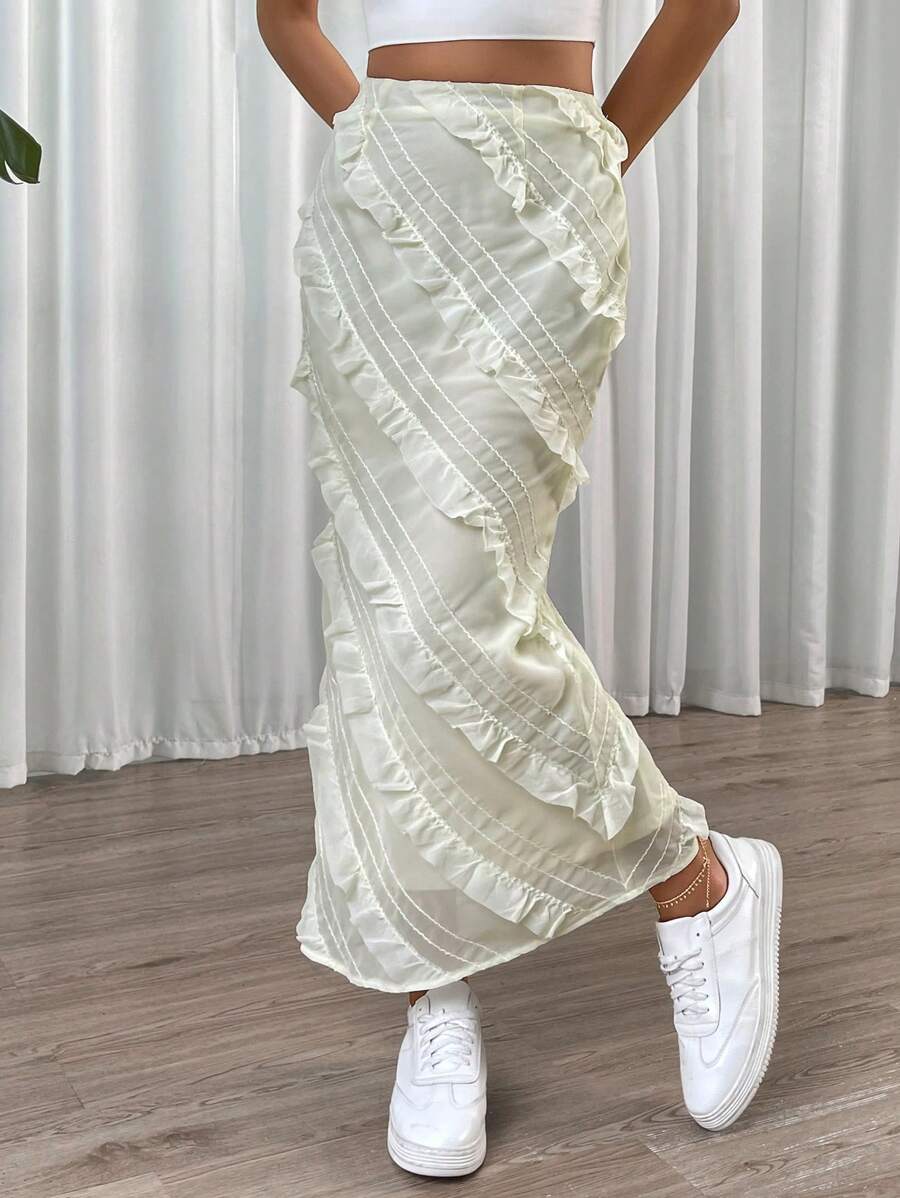 SHEIN EZwear Solid Ruffle Trim Zip Side Skirt - Beige - View 1