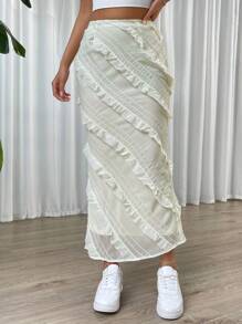 SHEIN EZwear Solid Ruffle Trim Zip Side Skirt - Beige - View 5