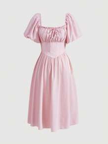 SHEIN MOD Vestido lechero con mangas abullonadas, fruncido en el busto y nudo en frente para tallas grandes - Rosa Pálido - Ver 1