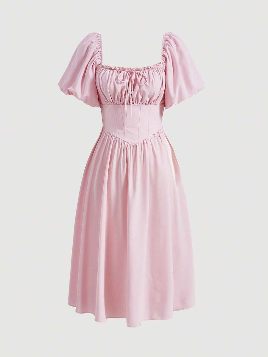 SHEIN MOD Vestido lechero con mangas abullonadas, fruncido en el busto y nudo en frente para tallas grandes - Rosa Pálido - Ver 1