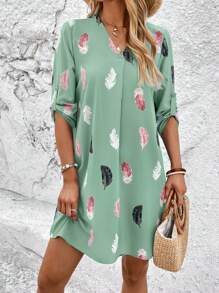 SHEIN LUNE Feather Print Roll Tab Sleeve Tunic Dress - Mint Green - View 1