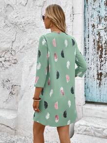 SHEIN LUNE Feather Print Roll Tab Sleeve Tunic Dress - Mint Green - View 2
