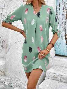 SHEIN LUNE Feather Print Roll Tab Sleeve Tunic Dress - Mint Green - View 4