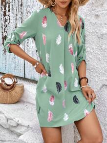 SHEIN LUNE Feather Print Roll Tab Sleeve Tunic Dress - Mint Green - View 5