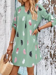 SHEIN LUNE Feather Print Roll Tab Sleeve Tunic Dress - Mint Green - View 6