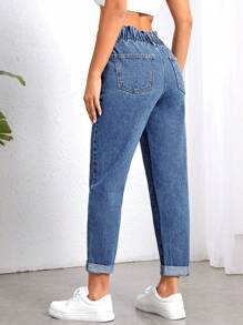 SHEIN Essnce Quần jean nữ Nút Túi Dây kéo Quần paper-bag màu trơn - Rửa trung bình - Xem 3