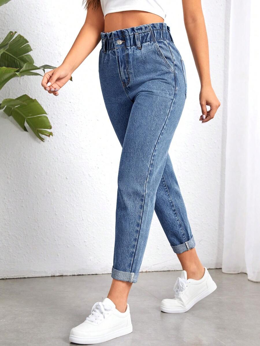 SHEIN Essnce Quần jean nữ Nút Túi Dây kéo Quần paper-bag màu trơn - Rửa trung bình - Xem 1