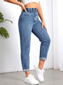 SHEIN Essnce Quần jean nữ Nút Túi Dây kéo Quần paper-bag màu trơn - Rửa trung bình - Xem 4