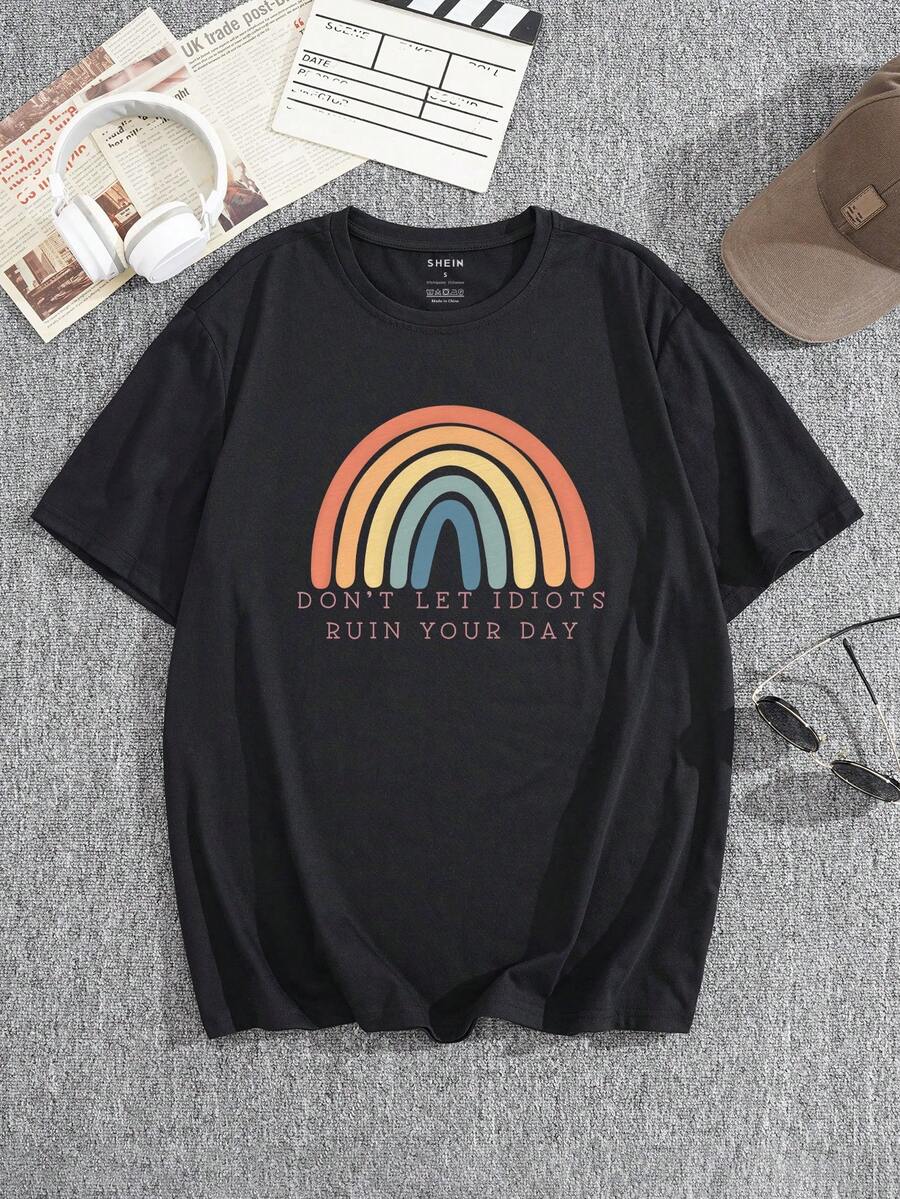 男士彩虹和標語圖案T恤 - 黑色 - 查看 1