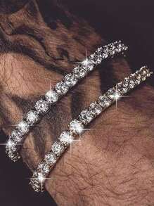 1Pc Glamorous Zinc Alloy Rhinestone Decor Chain Bracelet For Men For Daily Decoration Party - Silver - View 2