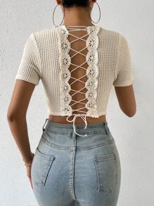 SHEIN Privé 露背繫帶短款T恤 - 杏色 - 查看 1