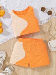 SHEIN Baby Girl Two Tone Tank Top & Shorts - Multicolor - View 1
