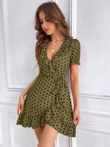 Chiquease Polka Dot Print Ruffle Trim Wrap Knot Side Dress - Army Green - View 1