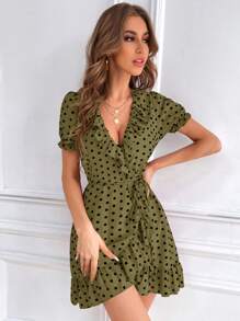 Chiquease Polka Dot Print Ruffle Trim Wrap Knot Side Dress - Army Green - View 3