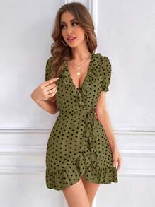 Chiquease Polka Dot Print Ruffle Trim Wrap Knot Side Dress - Army Green - View 4
