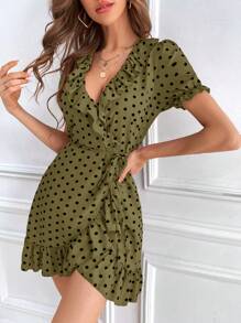 Chiquease Polka Dot Print Ruffle Trim Wrap Knot Side Dress - Army Green - View 6