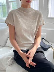 DAZY Solid Mock Neck Batwing Sleeve Tee - Khaki - View 4