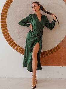 Glamaker Đầm Nút Xù Trọn gói Dây kéo màu trơn Thanh lịch - Màu xanh lá cây đậm - Xem 1