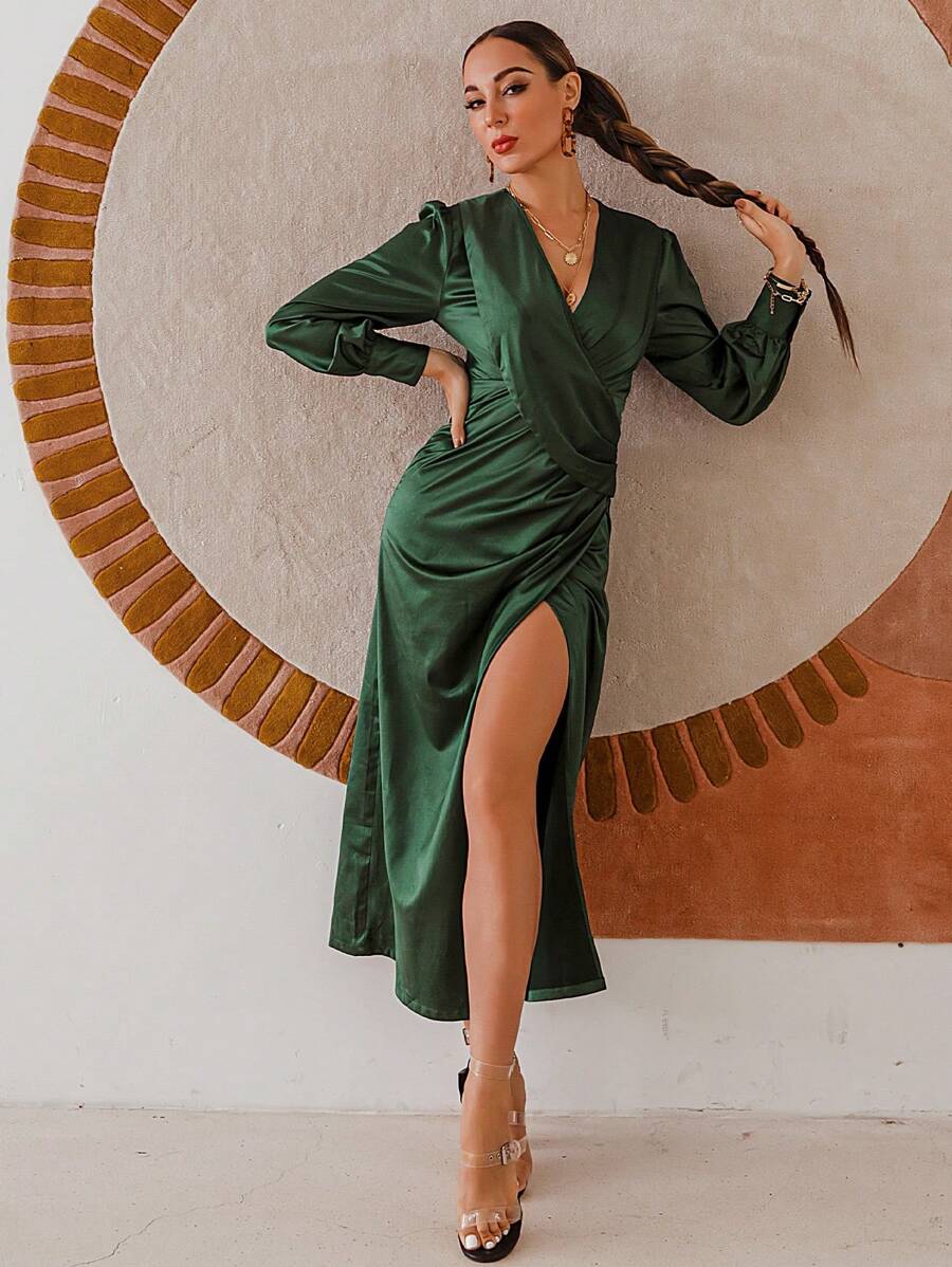 Glamaker Đầm Nút Xù Trọn gói Dây kéo màu trơn Thanh lịch - Màu xanh lá cây đậm - Xem 1