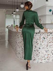 Glamaker Đầm Nút Xù Trọn gói Dây kéo màu trơn Thanh lịch - Màu xanh lá cây đậm - Xem 2