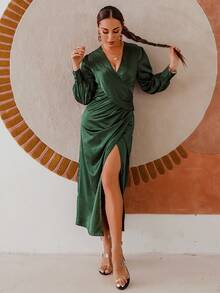 Glamaker Đầm Nút Xù Trọn gói Dây kéo màu trơn Thanh lịch - Màu xanh lá cây đậm - Xem 3