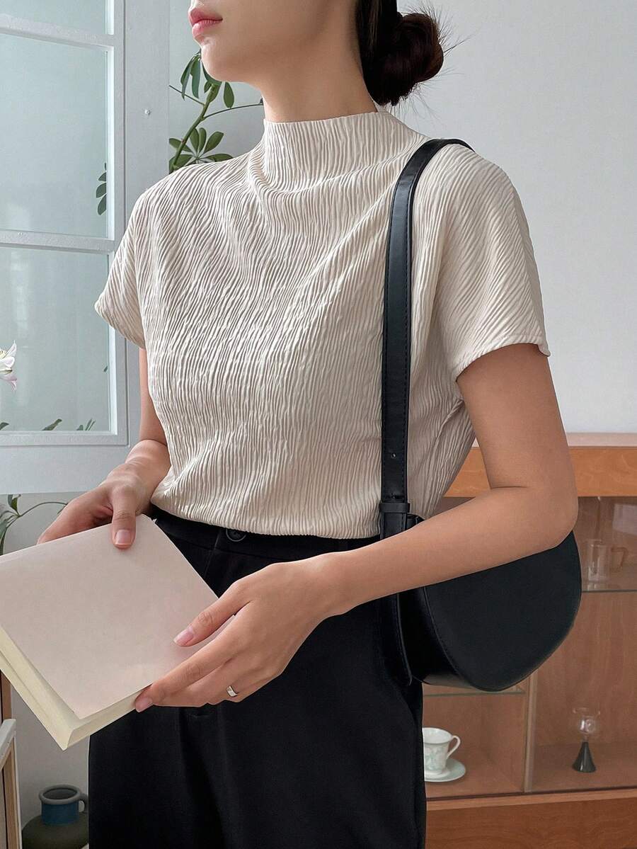 DAZY Solid Mock Neck Batwing Sleeve Tee - Khaki - View 1