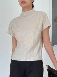 DAZY Solid Mock Neck Batwing Sleeve Tee - Khaki - View 5